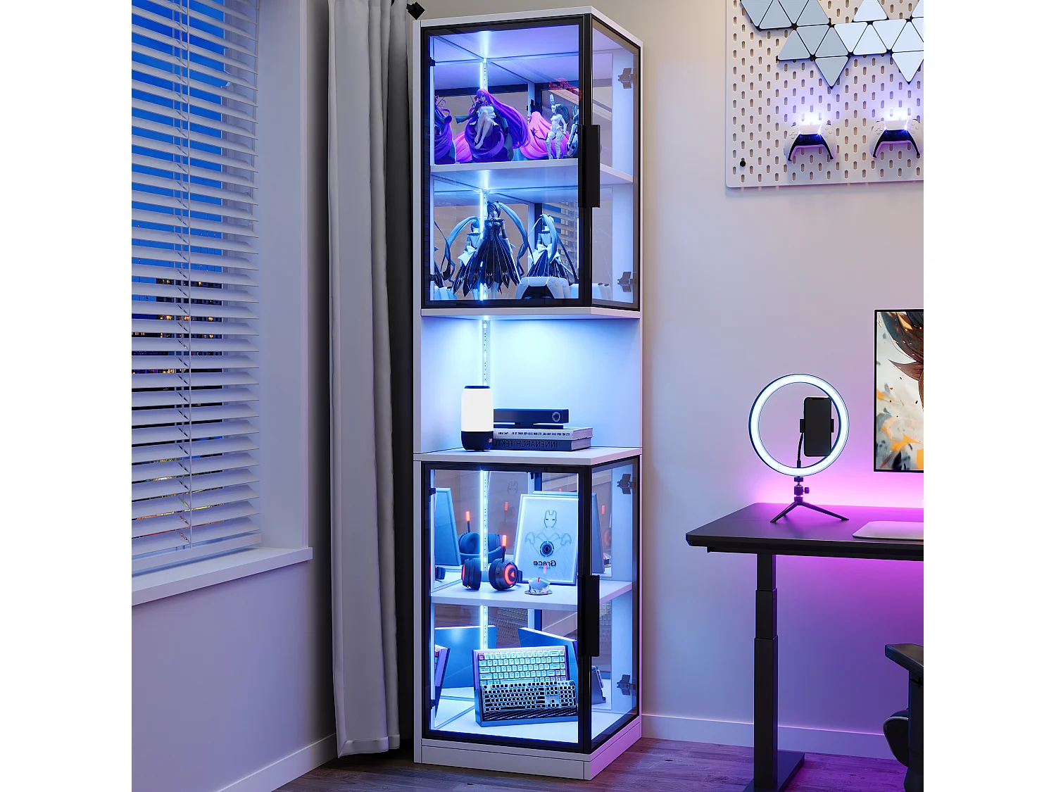 Hoge vitrinekast - 42 x 44 x 205 cm - met LED-verlichting + glazen deur + spiegelende achterwand - spaanplaat - wit