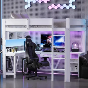 Houten game-hoogslaper voor kinderen – 90 x 200 cm – met bureau + opbergplank + ledverlichting – MDF + hout – wit Houten game-hoogslaper voor kinderen – 90 x 200 cm – met bureau + opbergplank + ledverlichting – MDF + hout – wit