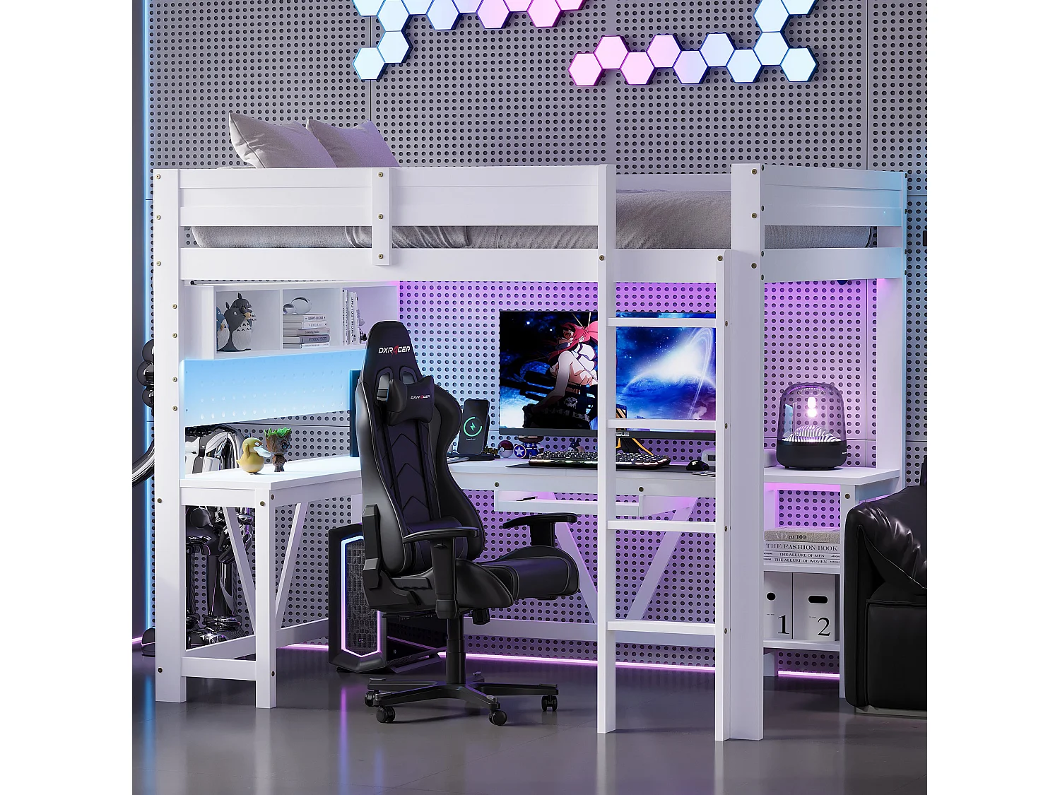 Houten game-hoogslaper voor kinderen - 90 x 200 cm - met bureau + opbergplank + ledverlichting - MDF + hout - wit