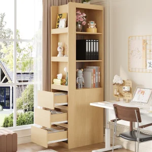 Hoge boekenkast voor de woonkamer – 60 x 40 x 200 cm – met 3 lades + planken – spaanplaat – naturel Hoge boekenkast voor de woonkamer – 60 x 40 x 200 cm – met 3 lades + planken – spaanplaat – naturel