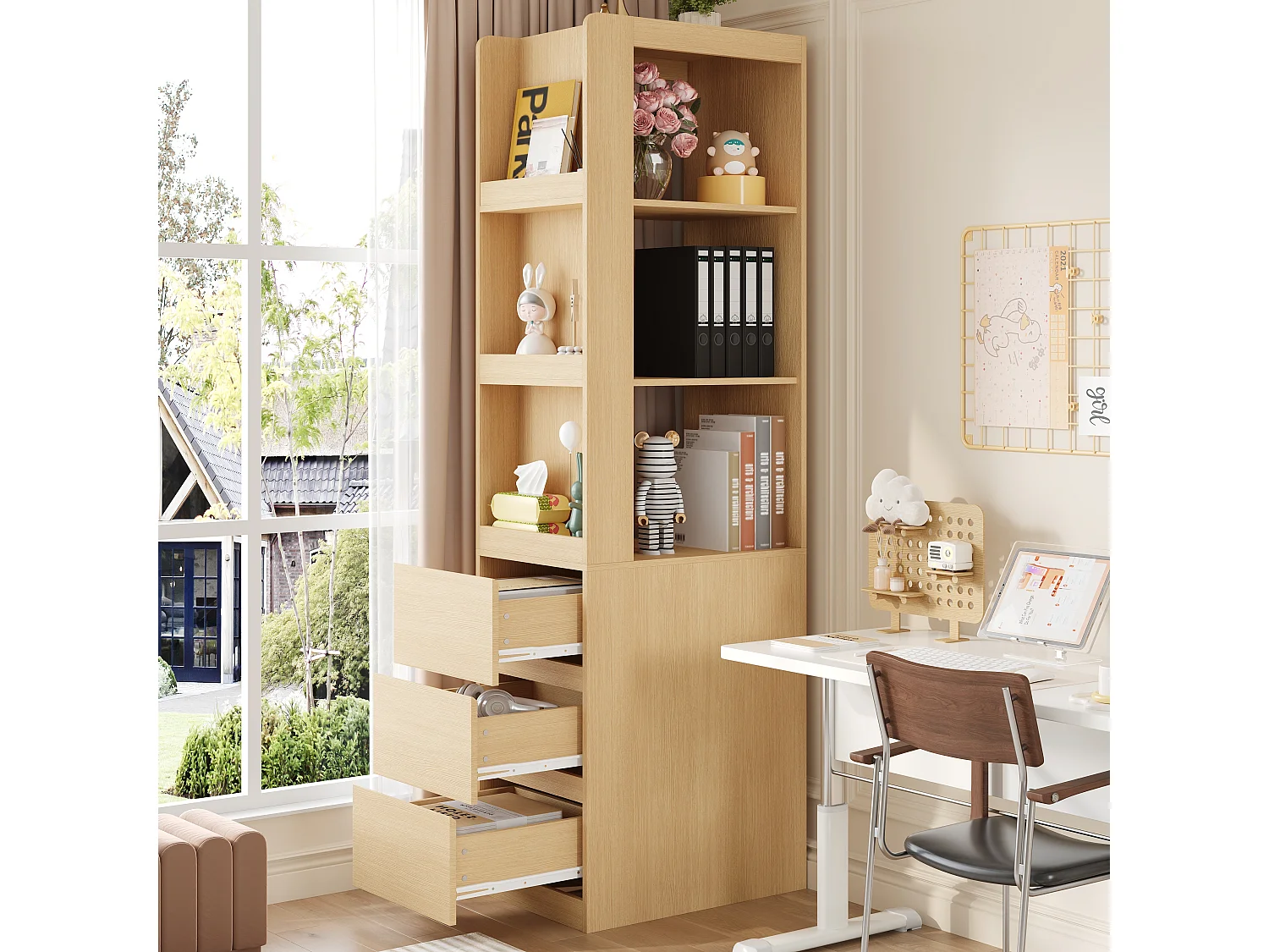 Hoge boekenkast voor de woonkamer - 60 x 40 x 200 cm - met 3 lades + planken - spaanplaat - naturel