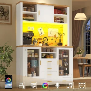 Hoog keukendressoir – 120 x 40 x 188 cm – landelijke stijl – met LED-verlichting + 6 lades + 3 deuren + planken – MDF – wit Hoog keukendressoir – 120 x 40 x 188 cm – landelijke stijl – met LED-verlichting + 6 lades + 3 deuren + planken – MDF – wit