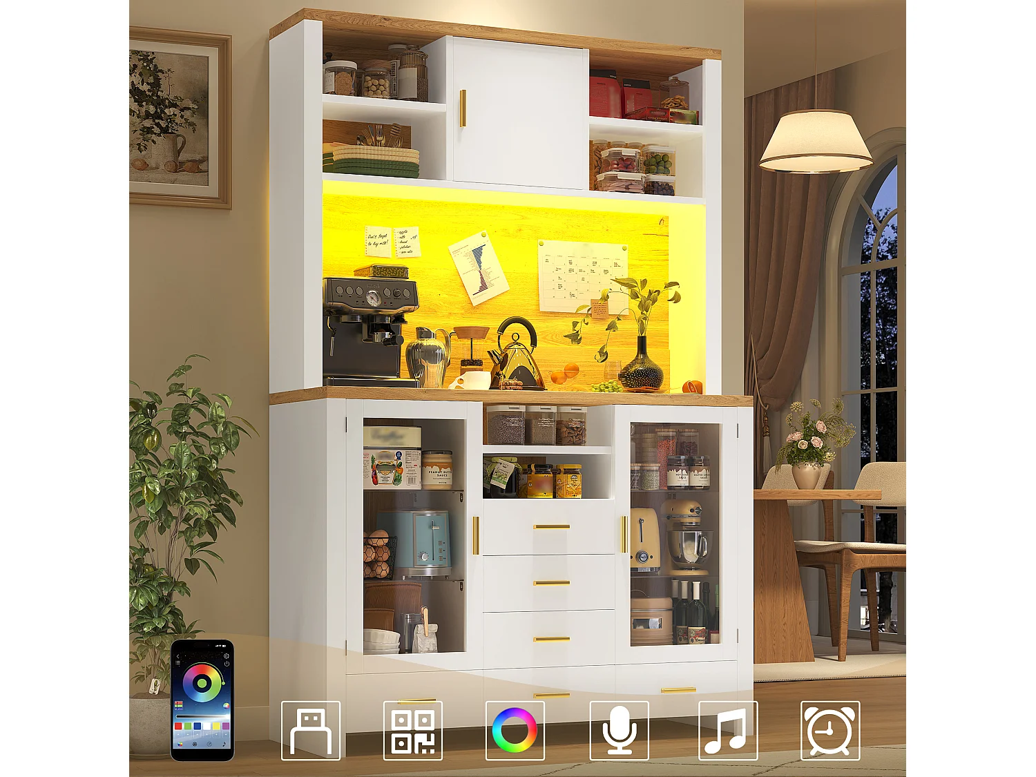 Hoog keukendressoir - 120 x 40 x 188 cm - landelijke stijl - met LED-verlichting + 6 lades + 3 deuren + planken - MDF - wit