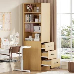 Hoge boekenkast voor de woonkamer – 60 x 38 x 180 cm – met 3 lades + verstelbare planken – spaanplaat – naturel Hoge boekenkast voor de woonkamer – 60 x 38 x 180 cm – met 3 lades + verstelbare planken – spaanplaat – naturel