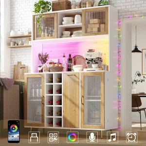 Hoog keukendressoir – 120 x 40 x 170 cm – met LED-verlichting + flessenrek + snackplank + 5 deuren + stopcontact – MDF – naturel Hoog keukendressoir – 120 x 40 x 170 cm – met LED-verlichting + flessenrek + snackplank + 5 deuren + stopcontact – MDF – naturel