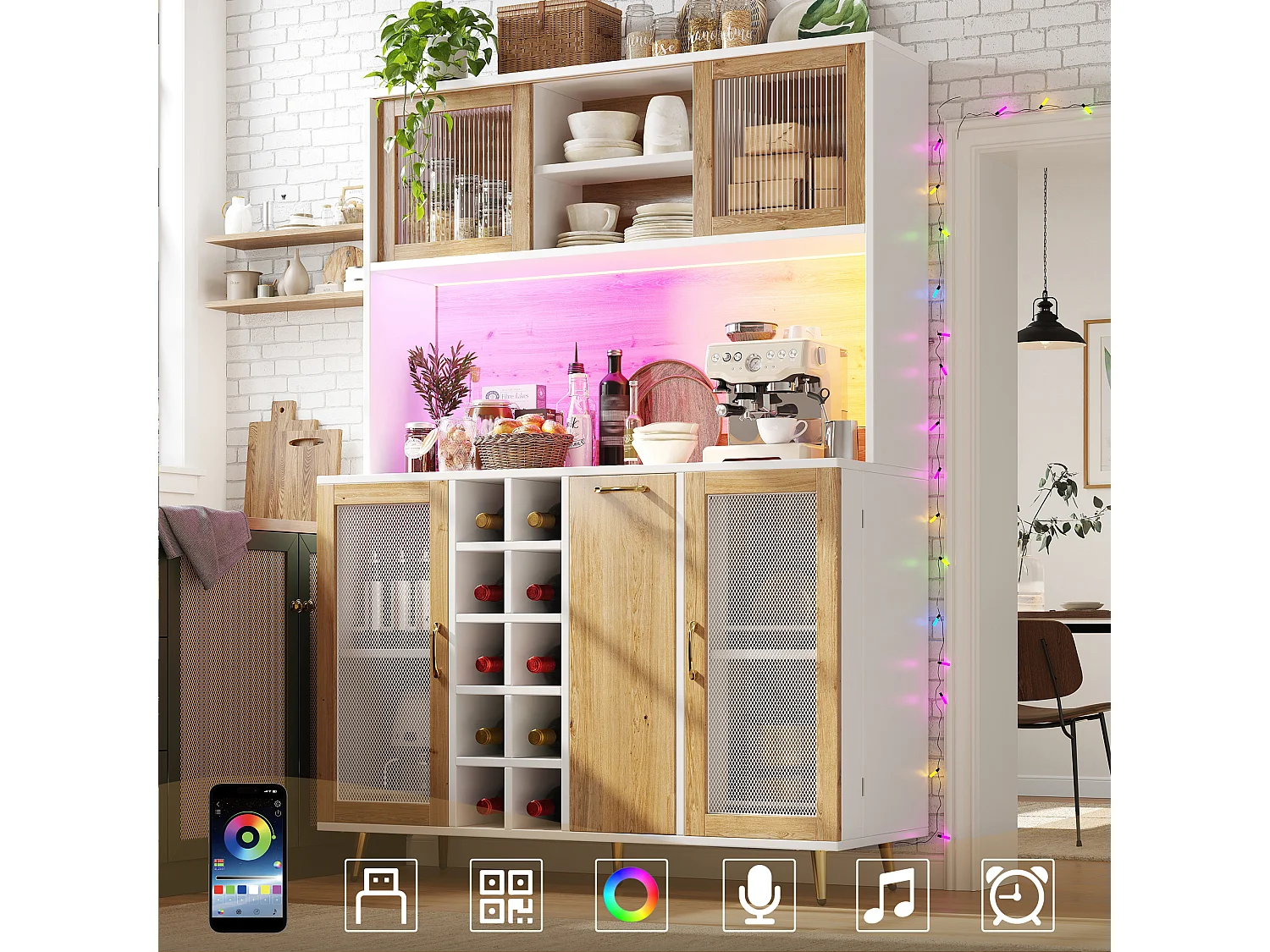 Hoog keukendressoir - 120 x 40 x 170 cm - met LED-verlichting + flessenrek + snackplank + 5 deuren + stopcontact - MDF - naturel
