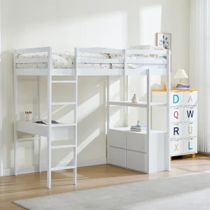Hoogslaper 90 x 190 cm met bureau en opbergruimte grenen en MDF wit + matras – KALIZI Hoogslaper 90 x 190 cm met bureau en opbergruimte grenen en MDF wit + matras – KALIZI