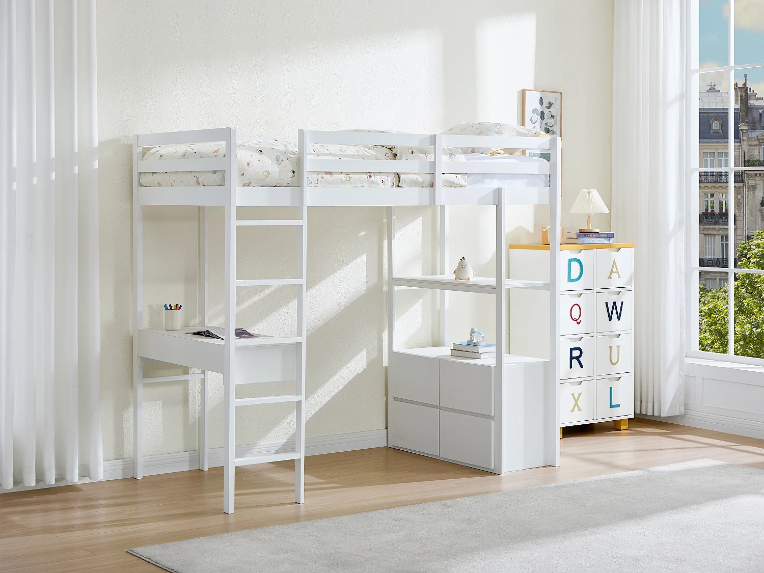 Hoogslaper 90 x 190 cm met bureau en opbergruimte grenen en MDF wit + matras - KALIZI