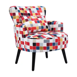 HomeMiYN Fauteuil, Rood Mozaïek, Linnen look stof, Metalen frame, Houten poten, 76 x 62 x 73 cm