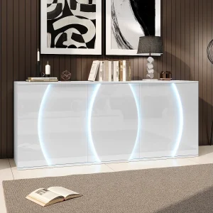 Hoogglans gelakt dressoir – 150 x 40 x 70 cm – met 3 deuren + LED-verlichting – spaanplaat – wit Hoogglans gelakt dressoir – 150 x 40 x 70 cm – met 3 deuren + LED-verlichting – spaanplaat – wit