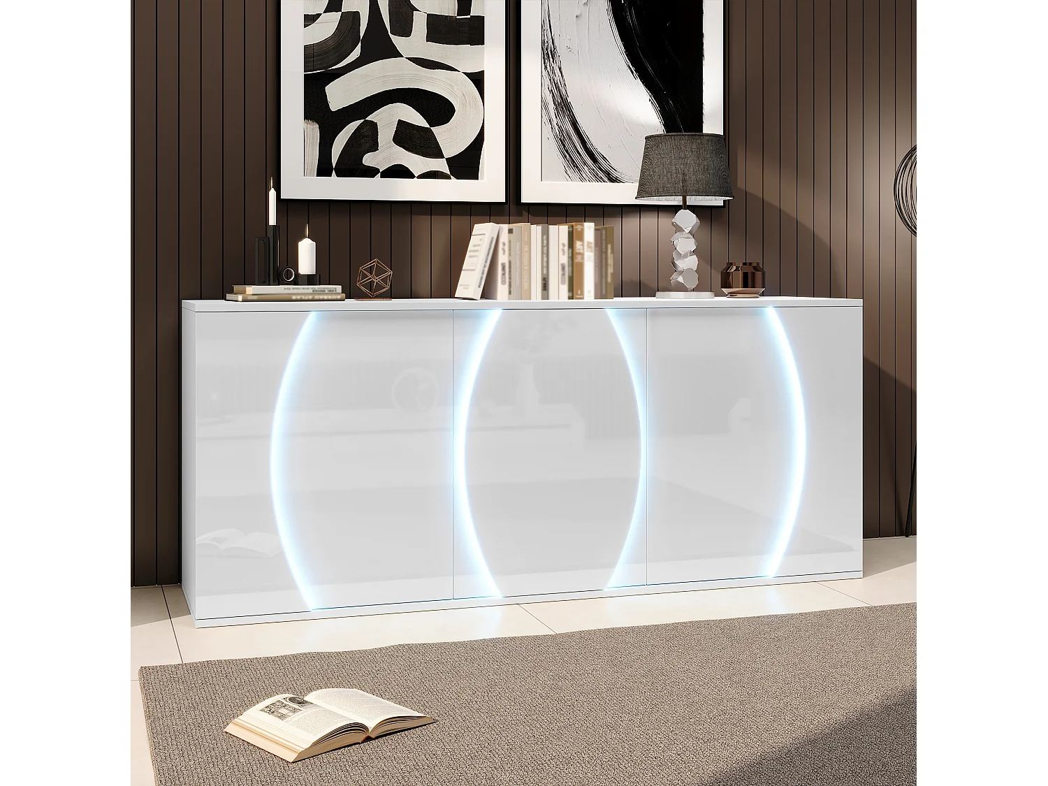 Hoogglans gelakt dressoir - 150 x 40 x 70 cm - met 3 deuren + LED-verlichting - spaanplaat - wit