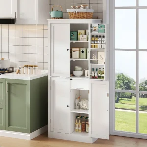 Hoog keukendressoir – 182 x 40 x 75 cm – met 4 deuren + opbergvakken + lade – MDF – wit Hoog keukendressoir – 182 x 40 x 75 cm – met 4 deuren + opbergvakken + lade – MDF – wit