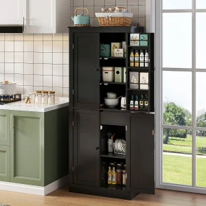 Hoog keukendressoir – 182 x 40 x 75 cm – met 4 deuren + opbergvakken + lade – MDF – zwart Hoog keukendressoir – 182 x 40 x 75 cm – met 4 deuren + opbergvakken + lade – MDF – zwart