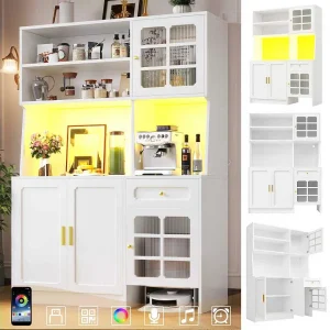 Hoog keukendressoir – 130 x 45 x 180 cm – met glazen deuren + LED-verlichting + lade + plank – MDF – wit Hoog keukendressoir – 130 x 45 x 180 cm – met glazen deuren + LED-verlichting + lade + plank – MDF – wit