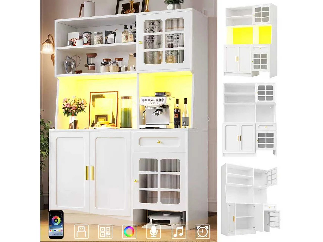 Hoog keukendressoir - 130 x 45 x 180 cm - met glazen deuren + LED-verlichting + lade + plank - MDF - wit