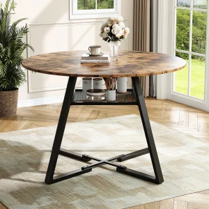 Industriële ronde tafel bruin 120 cm voor 4 personen met metalen opbergruimte en MDF blad Industriële ronde tafel bruin 120 cm voor 4 personen met metalen opbergruimte en MDF blad