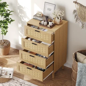 Houten buffet met gevlochten rotan look oppervlak, 4 lades, bohemien stijl, eiken kleur, 95 cm hoog Houten buffet met gevlochten rotan look oppervlak, 4 lades, bohemien stijl, eiken kleur, 95 cm hoog