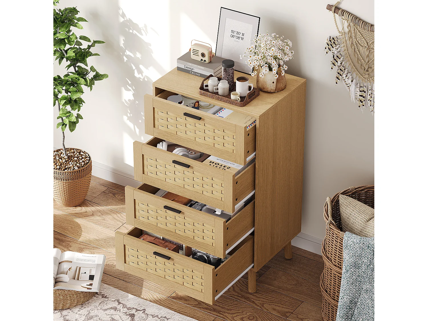 Houten buffet met gevlochten rotan look oppervlak, 4 lades, bohemien stijl, eiken kleur, 95 cm hoog