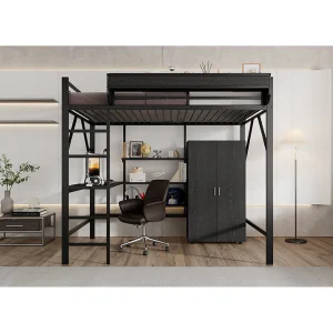 Hoogslaper van 140×200 cm met bureau en kledingkast – MDF + zwart metaal Hoogslaper van 140×200 cm met bureau en kledingkast – MDF + zwart metaal