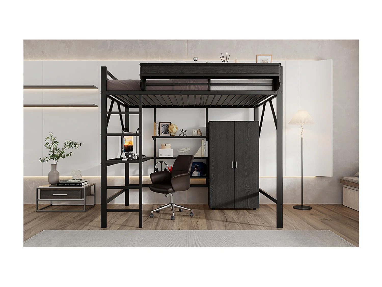 Hoogslaper van 140x200 cm met bureau en kledingkast - MDF + zwart metaal