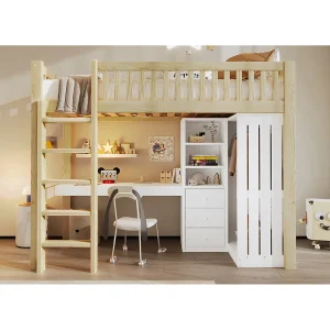 Hoogslaper van 90×200 cm met bureau, 3 lades en kledingkast – Wit en licht naturel Hoogslaper van 90×200 cm met bureau, 3 lades en kledingkast – Wit en licht naturel