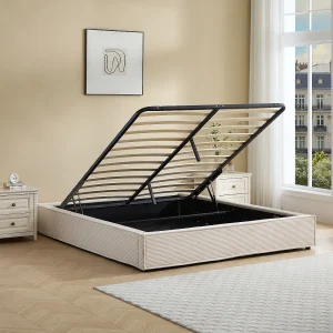 Boxspring opbergbed 160 x 200 cm queen size in corduroy Crème – KARESO van YSMÉE