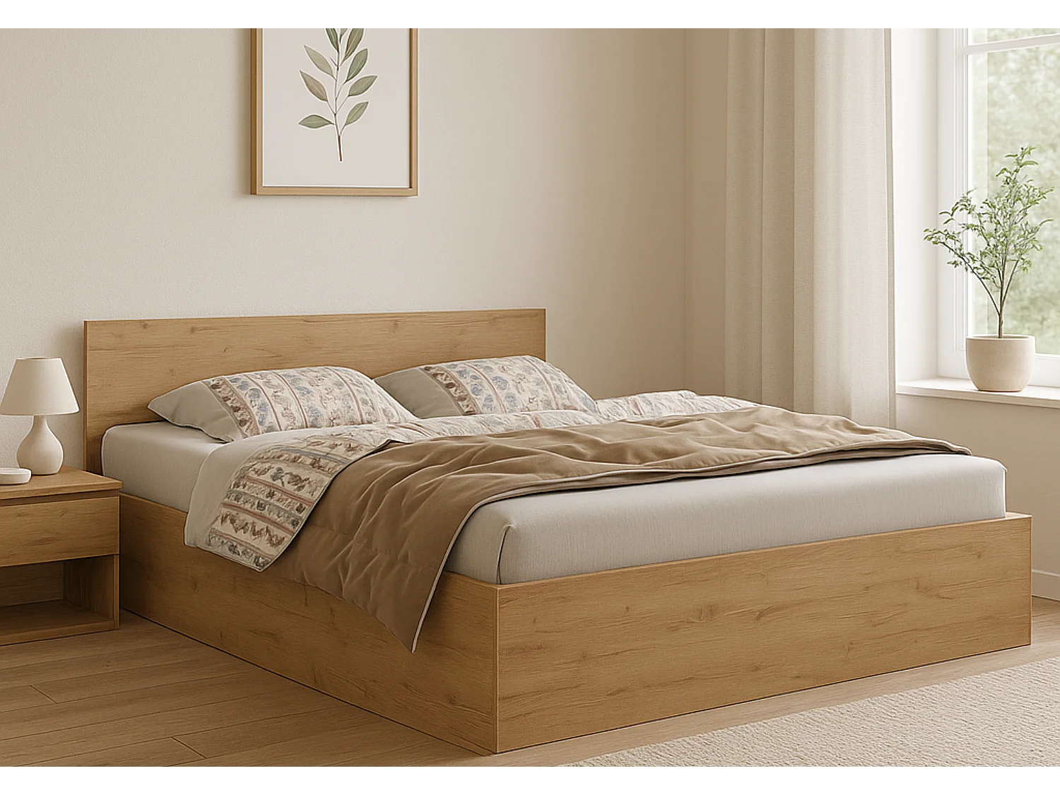 Houten bed met matras AVI 160×200 cm in kleur eiken craft