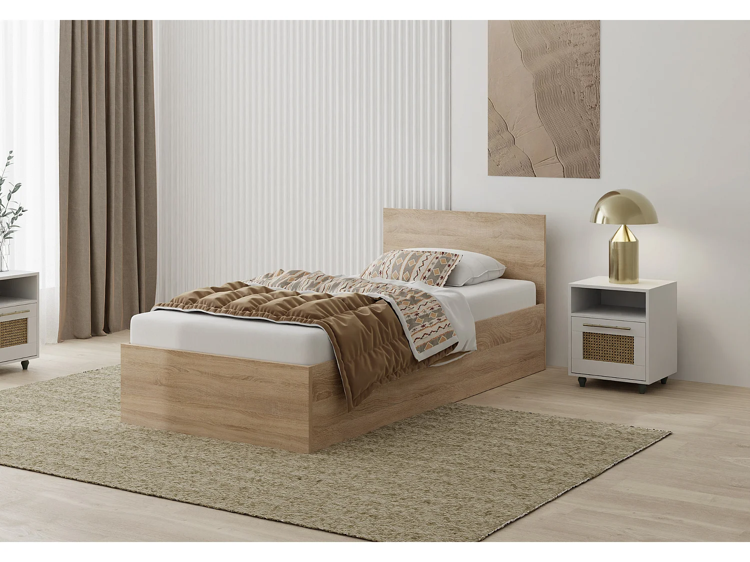 Houten bed met matras AVI 90x200 cm in Sonoma eiken kleur