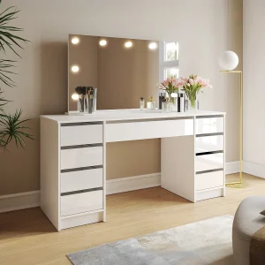 Kaptafel met LED-spiegel – Met lades – Glanzend wit of Beige – JENEMI