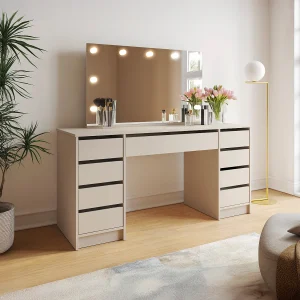 Dubbele kaptafel met LED-spiegel en 9 lades in beige kleur – JENEMI