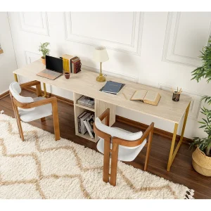 "Twin Study Desk" Houten Bureau met Opbergruimte – 240 x 60 x 74 cm – TravertinOr Finish