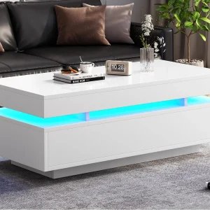 Hoogglans gelakte salontafel 100x50x35 cm – met LED – met 2 lades – spaanplaat – wit Hoogglans gelakte salontafel 100x50x35 cm – met LED – met 2 lades – spaanplaat – wit