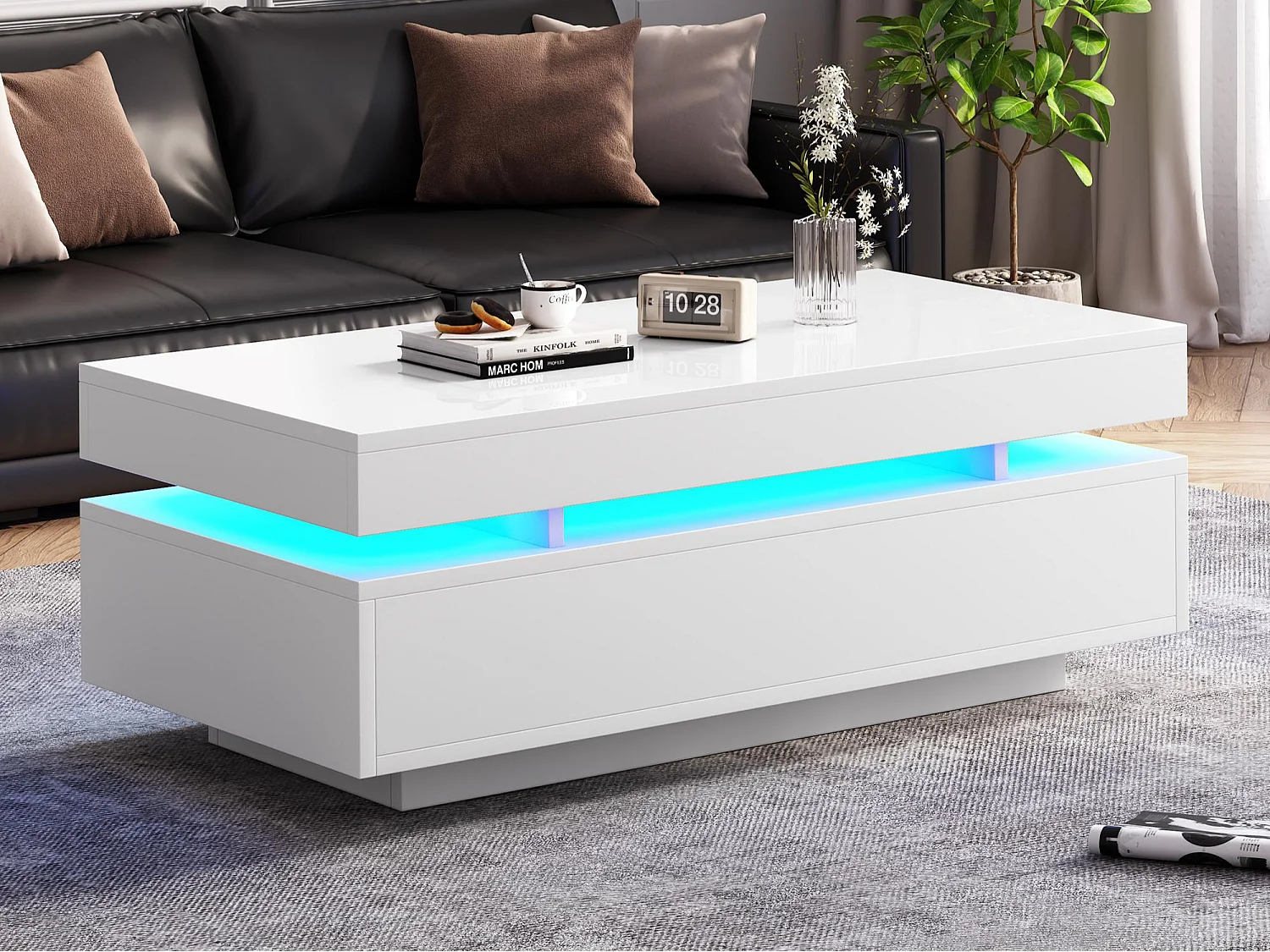 Hoogglans gelakte salontafel 100x50x35 cm - met LED - met 2 lades - spaanplaat - wit