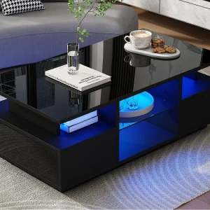Hoogglans gelakte salontafel 100x50x36 cm – met LED – 2 lades en open opbergruimte – spaanplaat – zwart Hoogglans gelakte salontafel 100x50x36 cm – met LED – 2 lades en open opbergruimte – spaanplaat – zwart