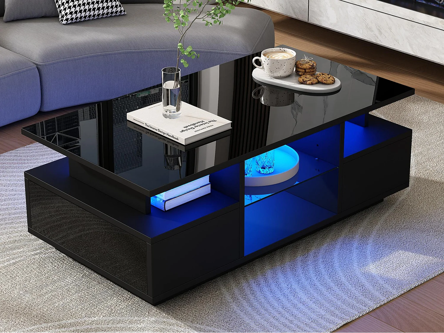 Hoogglans gelakte salontafel 100x50x36 cm - met LED - 2 lades en open opbergruimte - spaanplaat - zwart