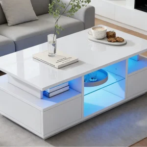 Hoogglans gelakte salontafel 100x50x36 cm – met LED – 2 lades en open opbergruimte – spaanplaat – wit Hoogglans gelakte salontafel 100x50x36 cm – met LED – 2 lades en open opbergruimte – spaanplaat – wit