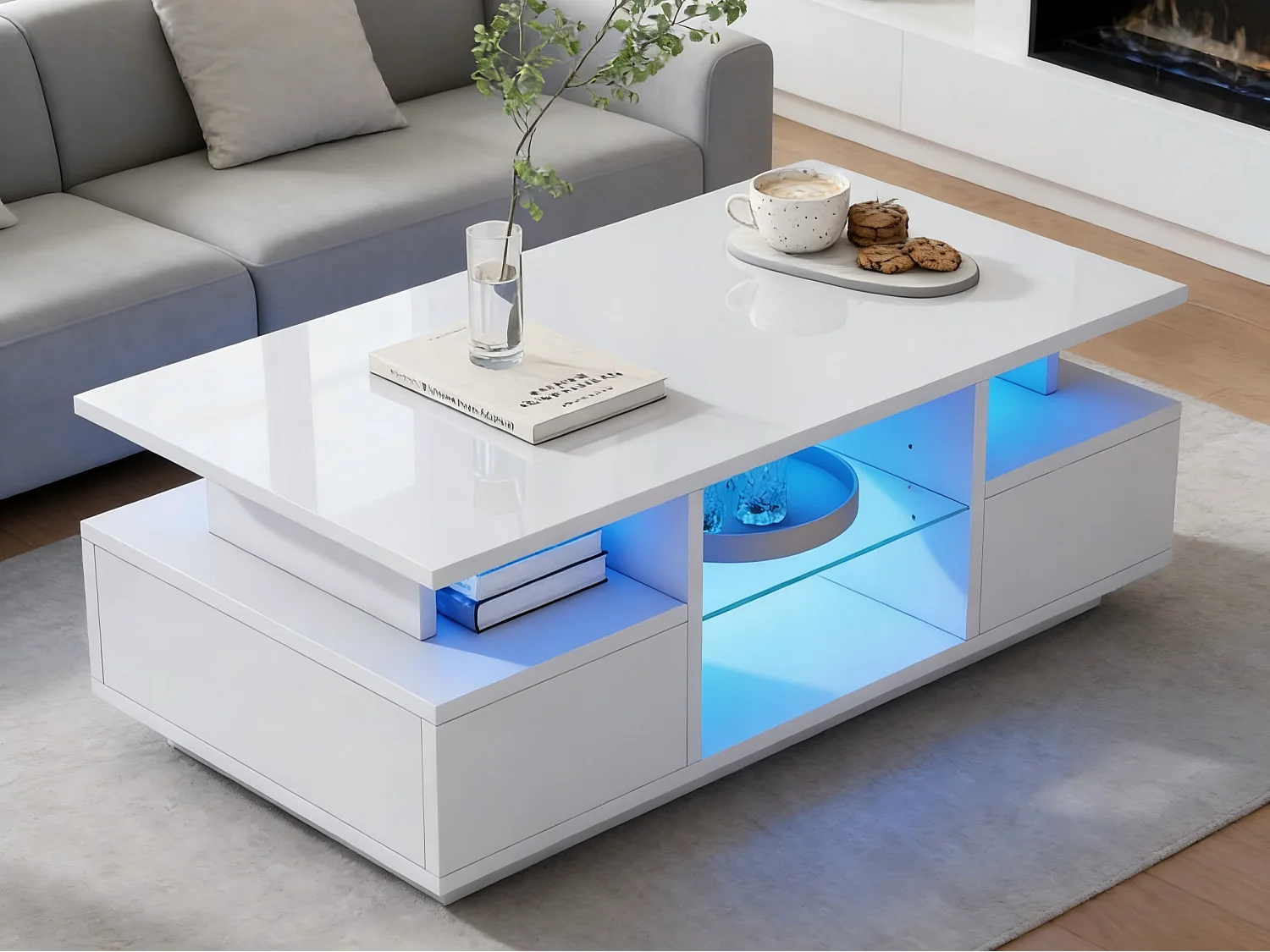 Hoogglans gelakte salontafel 100x50x36 cm - met LED - 2 lades en open opbergruimte - spaanplaat - wit