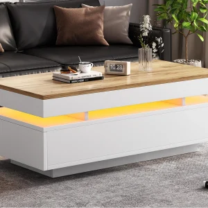 Hoogglans gelakte salontafel 100x50x35 cm – met LED – met 2 lades – spaanplaat – wit + natuur Hoogglans gelakte salontafel 100x50x35 cm – met LED – met 2 lades – spaanplaat – wit + natuur