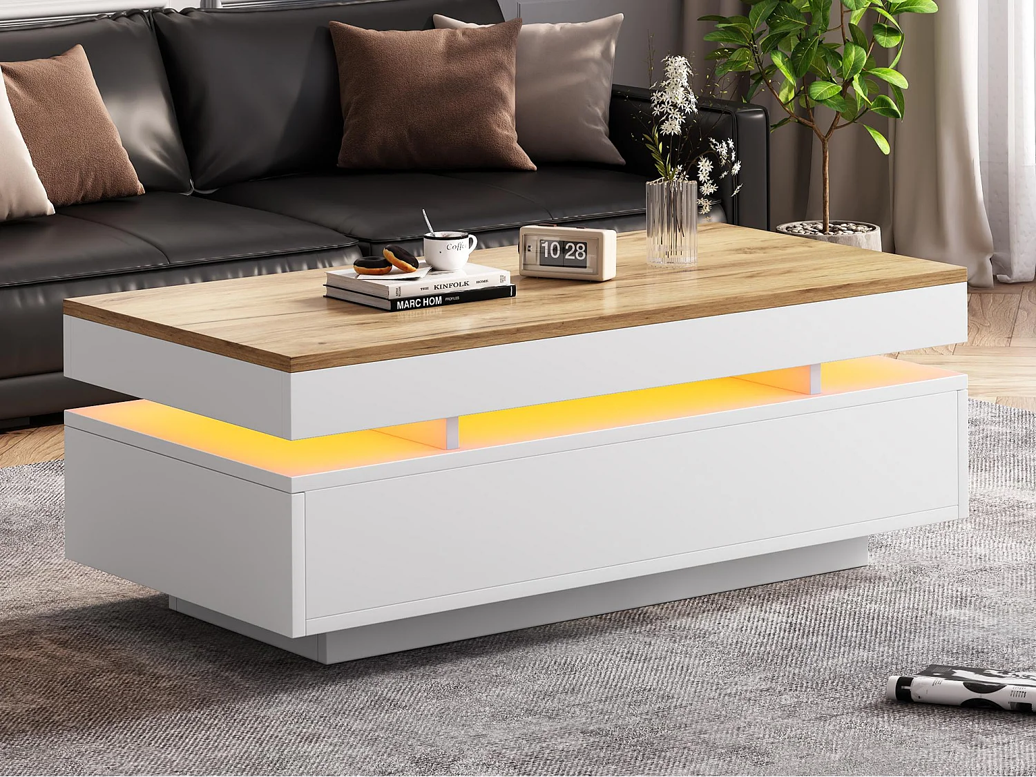 Hoogglans gelakte salontafel 100x50x35 cm - met LED - met 2 lades - spaanplaat - wit + natuur
