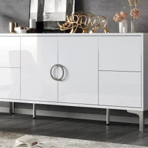 Hoogglans gelakte dressoir 150x38x59,5 cm – met 4 lades en 2 deuren – Metal poten – MDF – Wit Hoogglans gelakte dressoir 150x38x59,5 cm – met 4 lades en 2 deuren – Metal poten – MDF – Wit