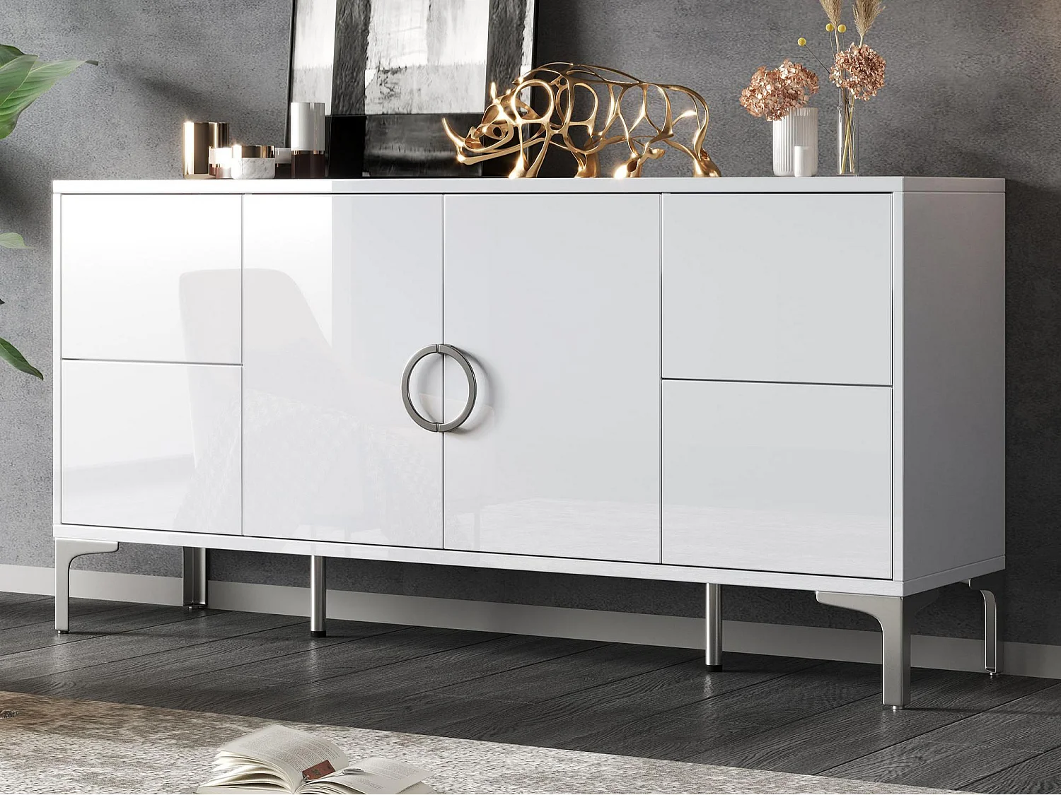Hoogglans gelakte dressoir 150x38x59,5 cm - met 4 lades en 2 deuren - Metal poten - MDF - Wit