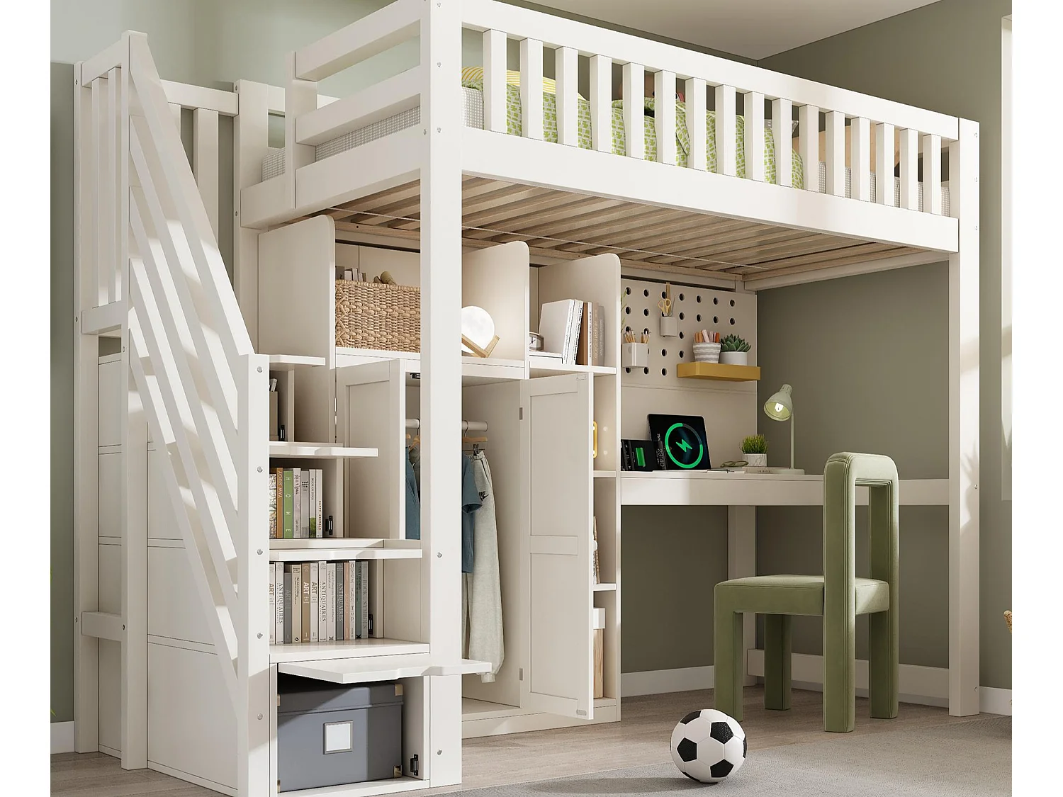 Hoogslaper 90x200 cm - trap met opbergruimte - met bureau, kast en open planken - met USB-aansluiting - Wit (zonder matras)