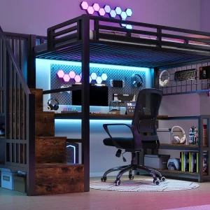 Hoogslaper 90×200 cm – met opbergplanken en bureau – LED-licht – uitgerust met 2 USB-poorten + 1 Type-C-poort – zwart​ (matras niet inbegrepen)