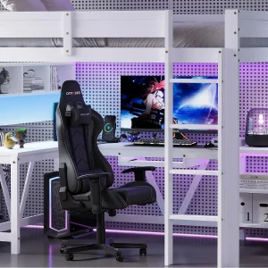 Houten hoogslaper 90×200 cm – met bureau en opbergvakken – LED en oplaadpoort – Wit​ (matras niet inbegrepen)