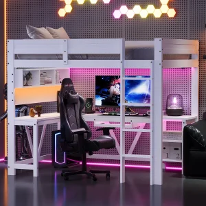 Houten hoogslaper 90 x 200 cm met bureau, opbergruimte, ledverlichting en oplaadstation – Wit Houten hoogslaper 90 x 200 cm met bureau, opbergruimte, ledverlichting en oplaadstation – Wit