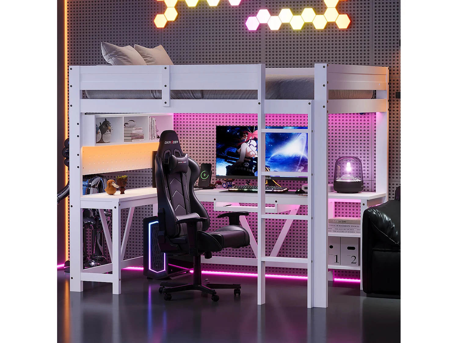 Houten hoogslaper 90 x 200 cm met bureau, opbergruimte, ledverlichting en oplaadstation - Wit