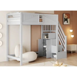 Houten hoogslaper 90 x 200 cm met opbergruimte – Kinderbed in grijs
