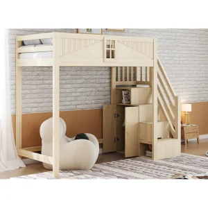 Houten hoogslaper 90 x 200 cm met opbergruimte – Kinderbed in houtkleur