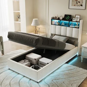 Hydraulisch bed 90×200 cm in wit fluweel met LED, geïntegreerde opbergruimte en hoofdeinde met USB – zonder matras Hydraulisch bed 90×200 cm in wit fluweel met LED, geïntegreerde opbergruimte en hoofdeinde met USB – zonder matras