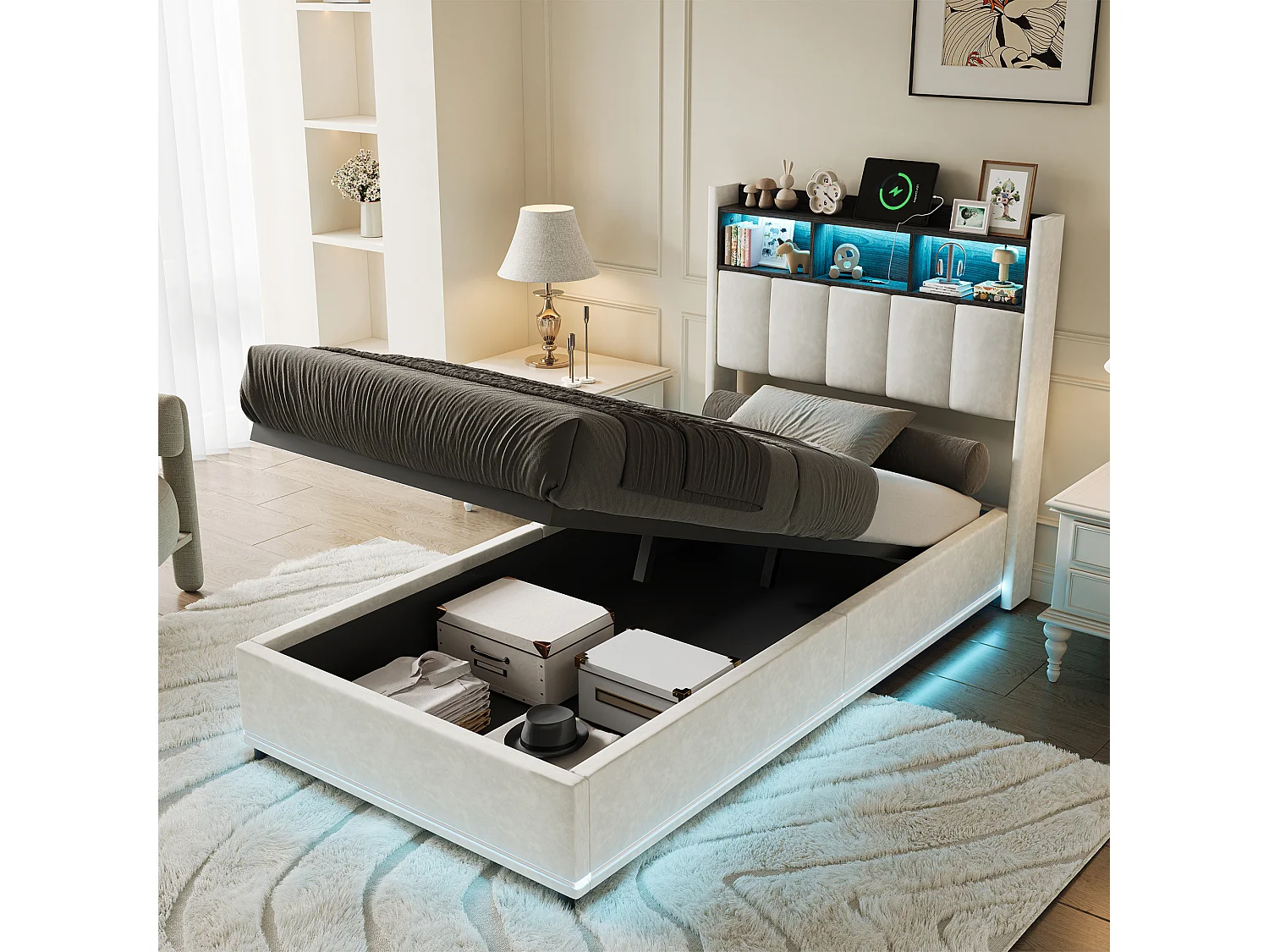 Hydraulisch bed 90x200 cm in wit fluweel met LED, geïntegreerde opbergruimte en hoofdeinde met USB – zonder matras